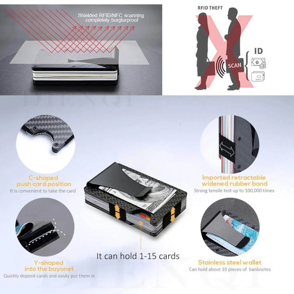 Mens RFID Blocking Carbon Fiber Slim Money Clip Wallet ID Credit Card Holder